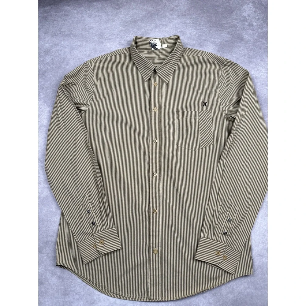 Hurley Shirt Mens XL Beige Brown Striped Button Up Long Sleeve Pocket Skater‎